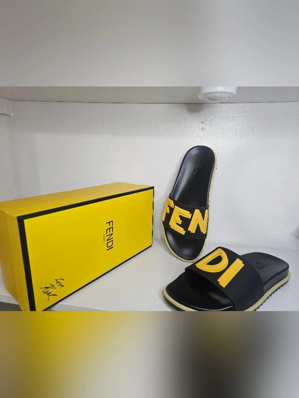 Fendi Black Slide Sandals with Yellow Logo Panels